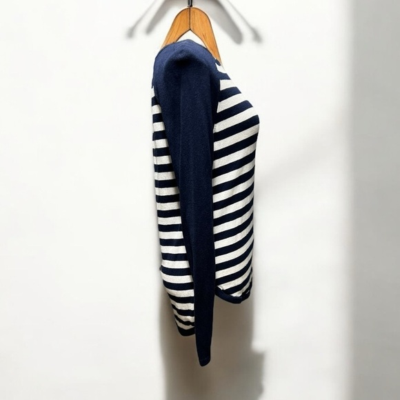 🌻Michael Kors Blue & White Stripe Hi-Low Hem Long Sleeve Back Zip Top Size M - Picture 2 of 8